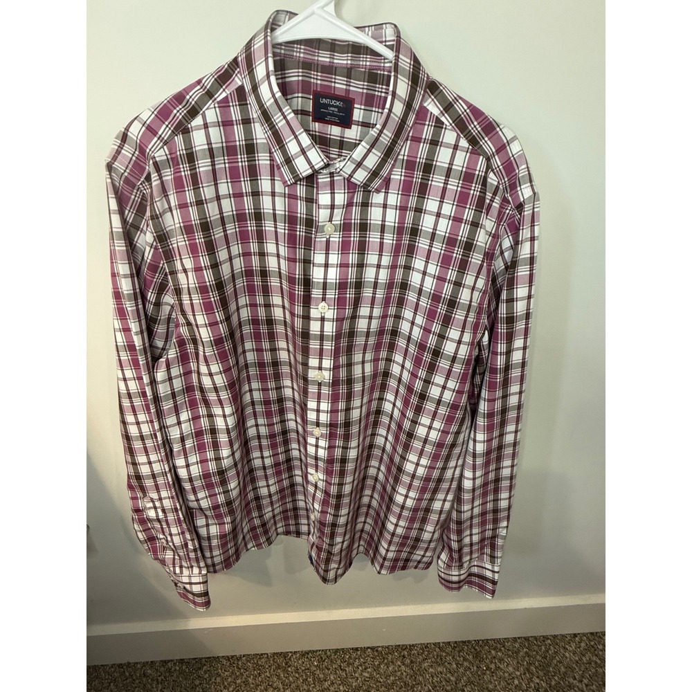 UNTUCKit Mens Large Purple Brown Plaid Long Sleeve Button Down Shirt